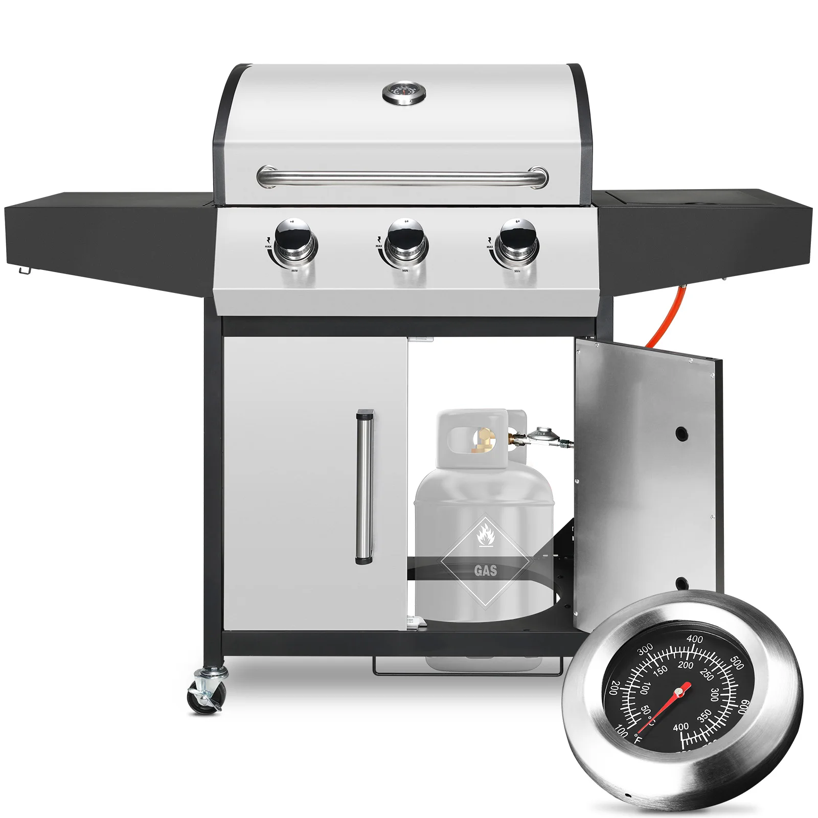3+1 Brenner BBQ Propangasgrill, 24.000 BTU Edelstahl mit Herd und Beistelltisch, Grill im Gasherdwagen-Stil Image