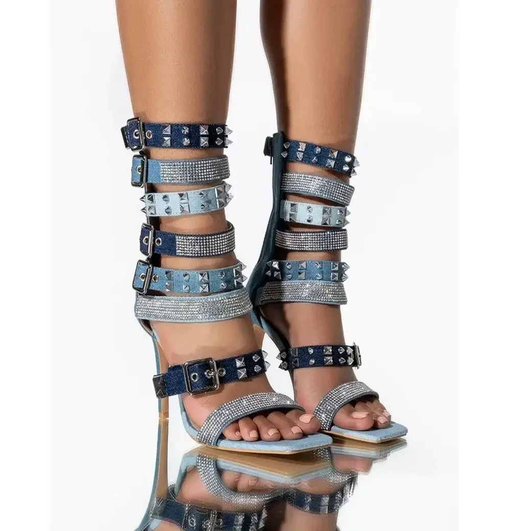 Bling Metall Dekotation Denim Patchwork Sandalen Schnalle Knöchelriemen Stiletto Absatz Party 2025, neue Ankunft Sommer Frau Schuhe