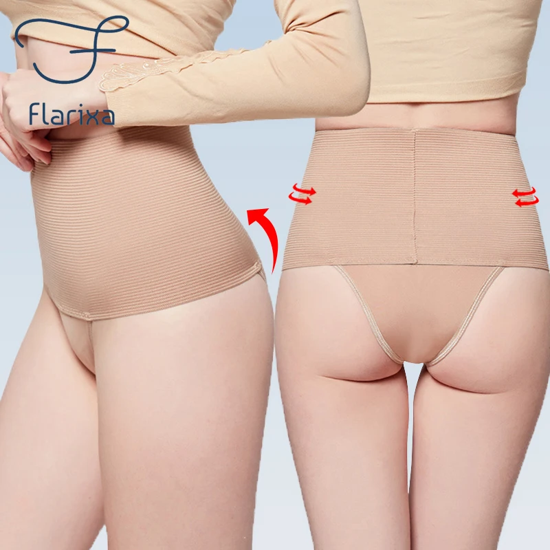 Flarixa Hohe Taille Bauch-steuer Höschen Frauen Bauch Former Hosen Butt Heber Thongs Gestreiften Slip Plus Größe Abnehmen Unterwäsche Image