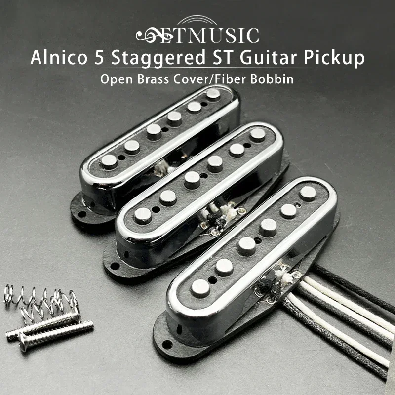 Alnico 2/5 Staggered ST Style E-Gitarren-Tonabnehmer mit offener Messingabdeckung Fiber Bobbin ST-Tonabnehmer Vintage-Stil Chrom