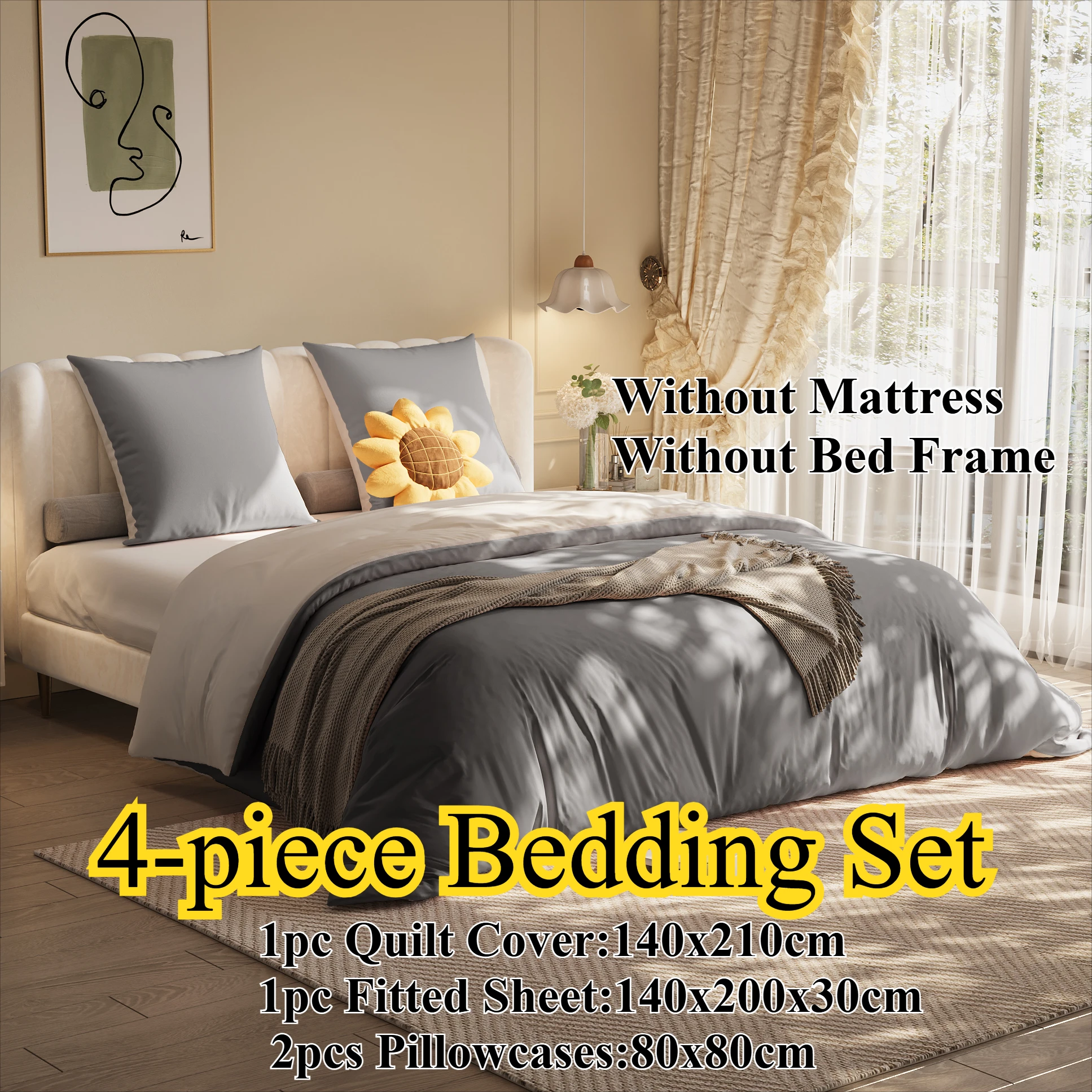 4-teiliges Bettwäsche set, Bettwäsche aus Polyester, mit Spann betttuch 160 × 200 × 30cm, Bett bezug 155 × 220cm und zwei Kissen bezügen 80 × 80cm Image