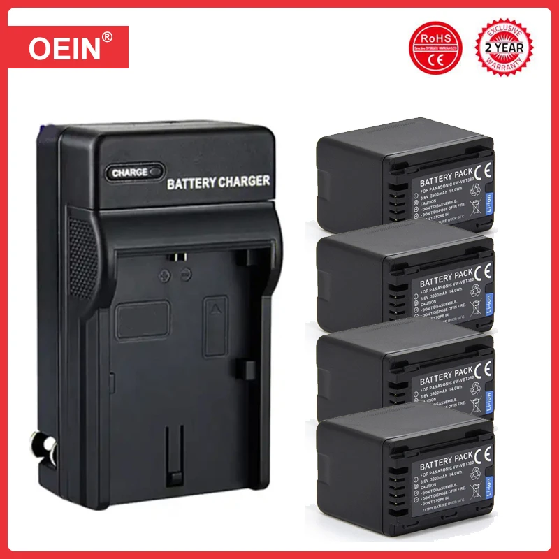 4 Stück 3900 mAh VW-VBT380 VBT380 VW-VBT190 VBT190 Akku + LCD USB Ladegerät für Panasonic HC-VXF999, HC-VXF990, HC-VX870, HC-VX989 Image