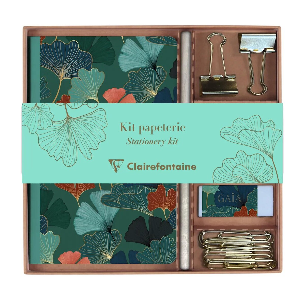 Clairefontaine 3x Gaïa bleu, Schreibwaren-Set mit einem Notizbuch 11x17 cm 32 Blatt liniert, einem Bleistift, 2 Briefklemmern - 116247C Image