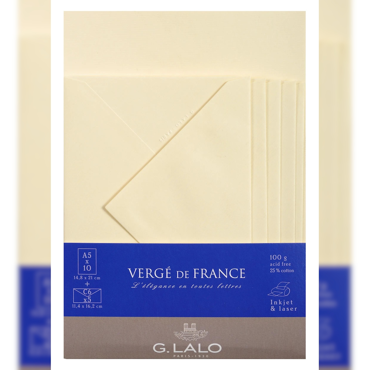 G.Lalo 5x Lalo, Korrespondenzset, 10 Blatt A5 und 5 Umschläge C6, Vergé de France - Elfenbein 61416L Image