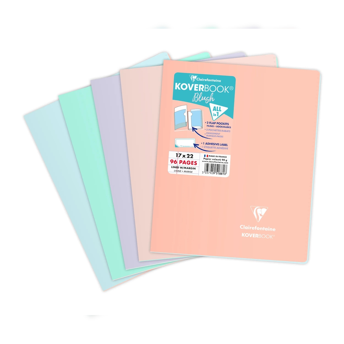 Clairefontaine 10x Koverbook Blush Heft 17x22 cm, 48 Blatt 90g, liniert mit Rand, zweifarbiger Einband aus opakem Polypropylen - Sortiert 951881C Image