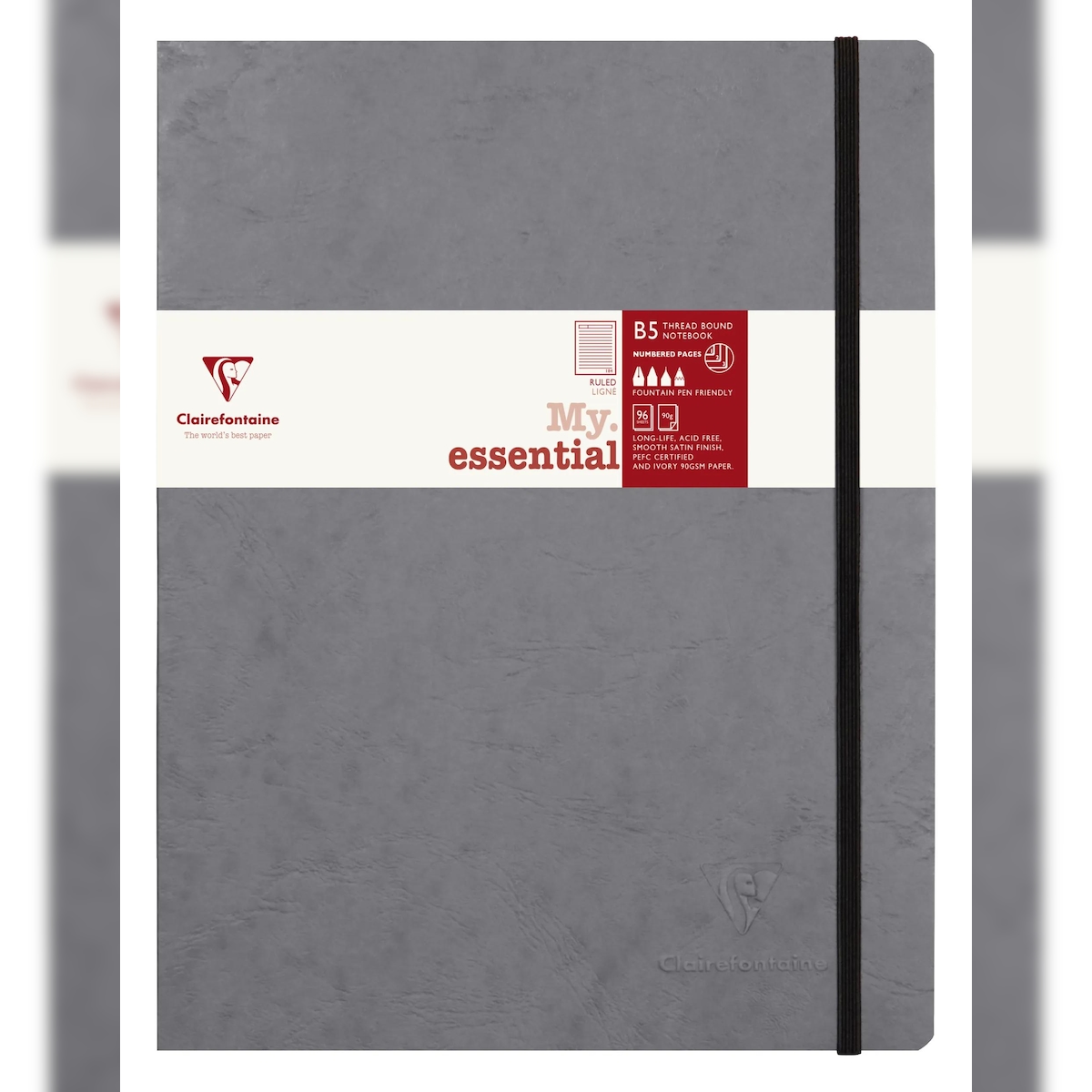 Clairefontaine 5x My.Essential Age Bag, Notizbuch B5 (19x25 cm) mit Fadenbindung, 96 Blatt nummeriert, liniert, Papier elfenbein 90g - Grau 794465C Image