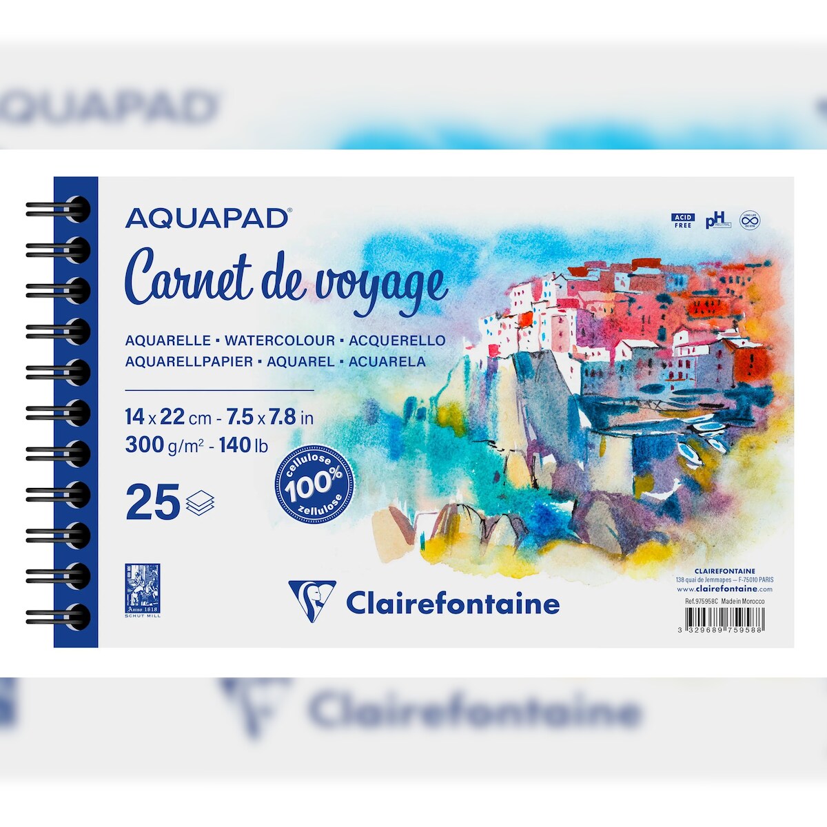 Clairefontaine 2x Aquapad Reisealbum, spiralgebundenes Skizzenbuch 14x22 cm, 25 Blatt 300g - 975958C Image