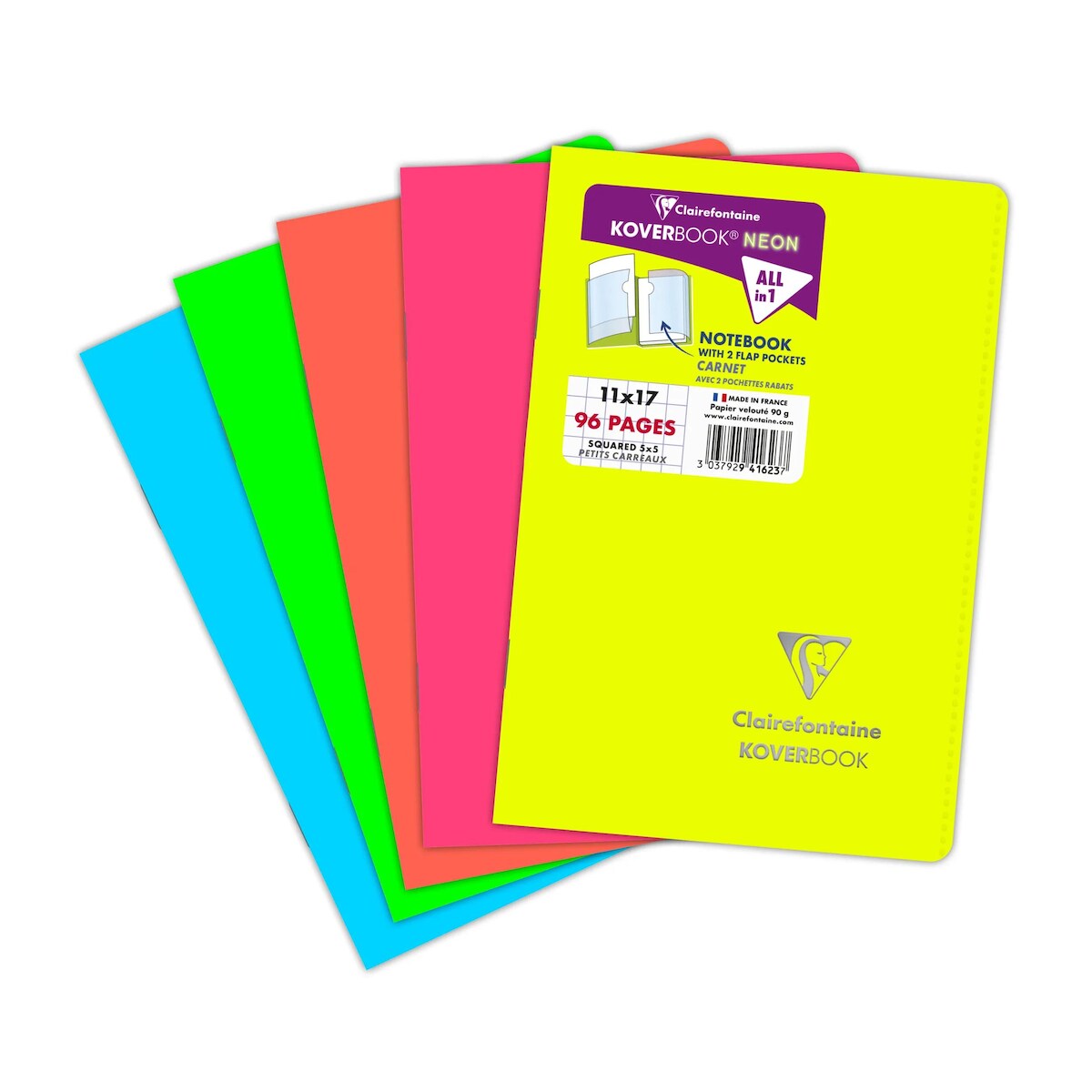 Clairefontaine 10x Koverbook Neon Notizheft 11x17 cm, 48 Blatt 90g, kariert, Einband aus opakem Polypropylen - Sortiert 941623C Image