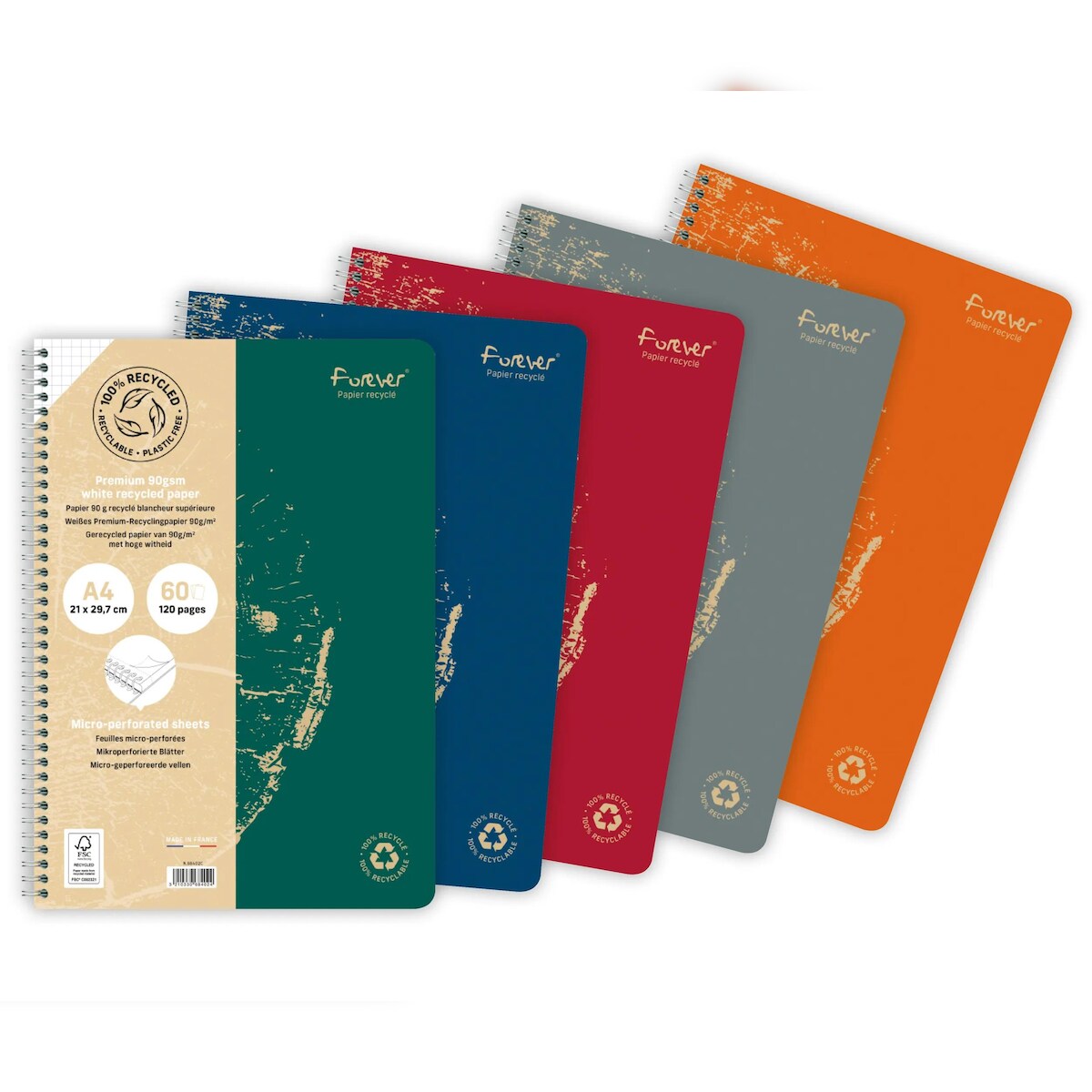 Forever 5x Spiralheft A4 FOREVER PREMIUM, 100% recycelt, 60 Blatt kariert, abtrennbar, mikroperforiert, Weißes Recyclingpapier 90g - Sortiert 68402C Image