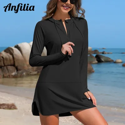 Charmleaks Women Rashguard Solid Hoodie Half Zipper with Horsetail Hole & Thumb Hole Loose Fit Side Pockets Swim Shirt Cover Up