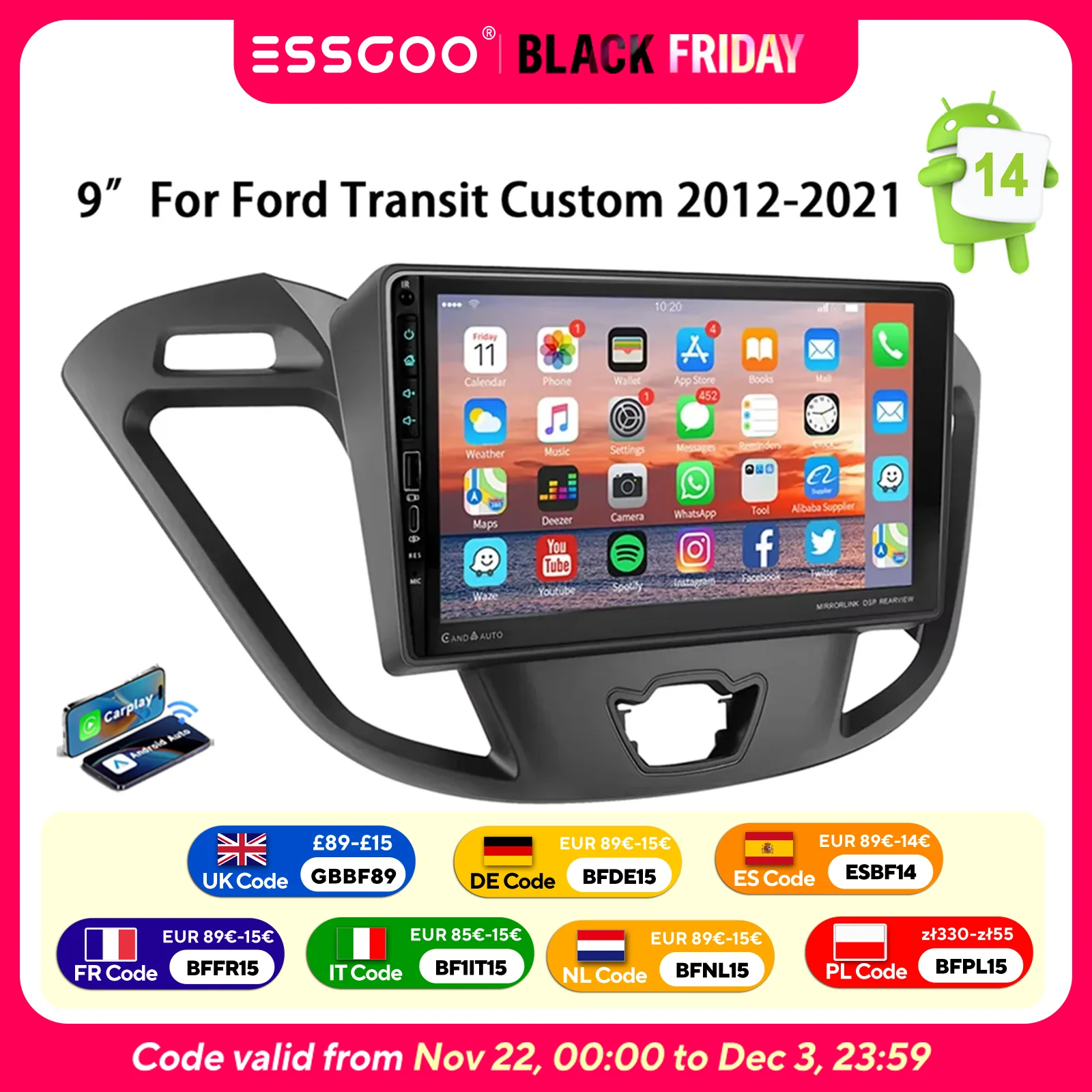 ESSGOO 9" Android 13 per Ford Transit Custom 2012-2021 Autoradio CarPlay Android Auto GPS Navigazione WIFI Bluetooth RDS USB Tipo-C Mirror Link SWC 2 Din Lettore Multimediale Video