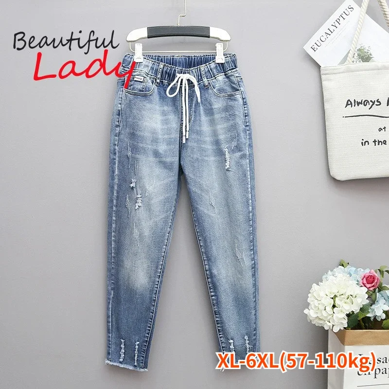 XL-6XL Jeans taglie forti per donna Jeans mamma Donna Elastico a vita alta Jeans larghi blu Jeans strappati in denim Pantaloni Harem femminili