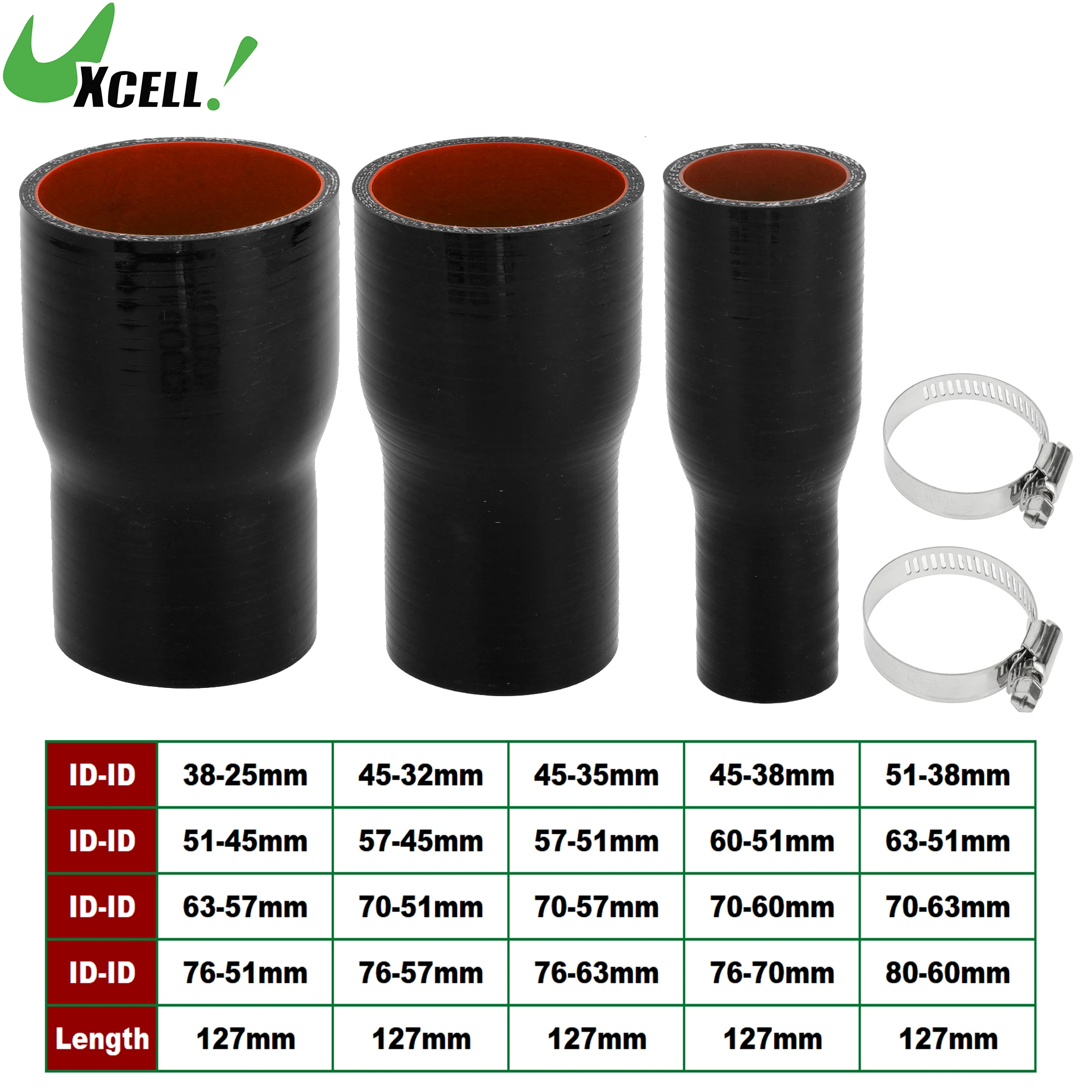 UXCELL ID 38-25mm 45-38mm 51-45mm 63-51mm 70-60mm 76-63mm 127mm Lunghezza 0 Gradi Tubo flessibile in silicone per auto con fascette Tubo del liquido di raffreddamento Nero