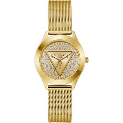 Quarzuhr GUESS "GLITZ PLAQUE", gold (goldfarben), Armbanduhren, Damen, Armbanduhr, Damenuhr, Lederarmband Image