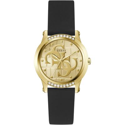 Quarzuhr GUESS "ANNETTE", schwarz, champagnerfarben, Armbanduhren, Damen, Armbanduhr, Damenuhr, Lederarmband, analog Image
