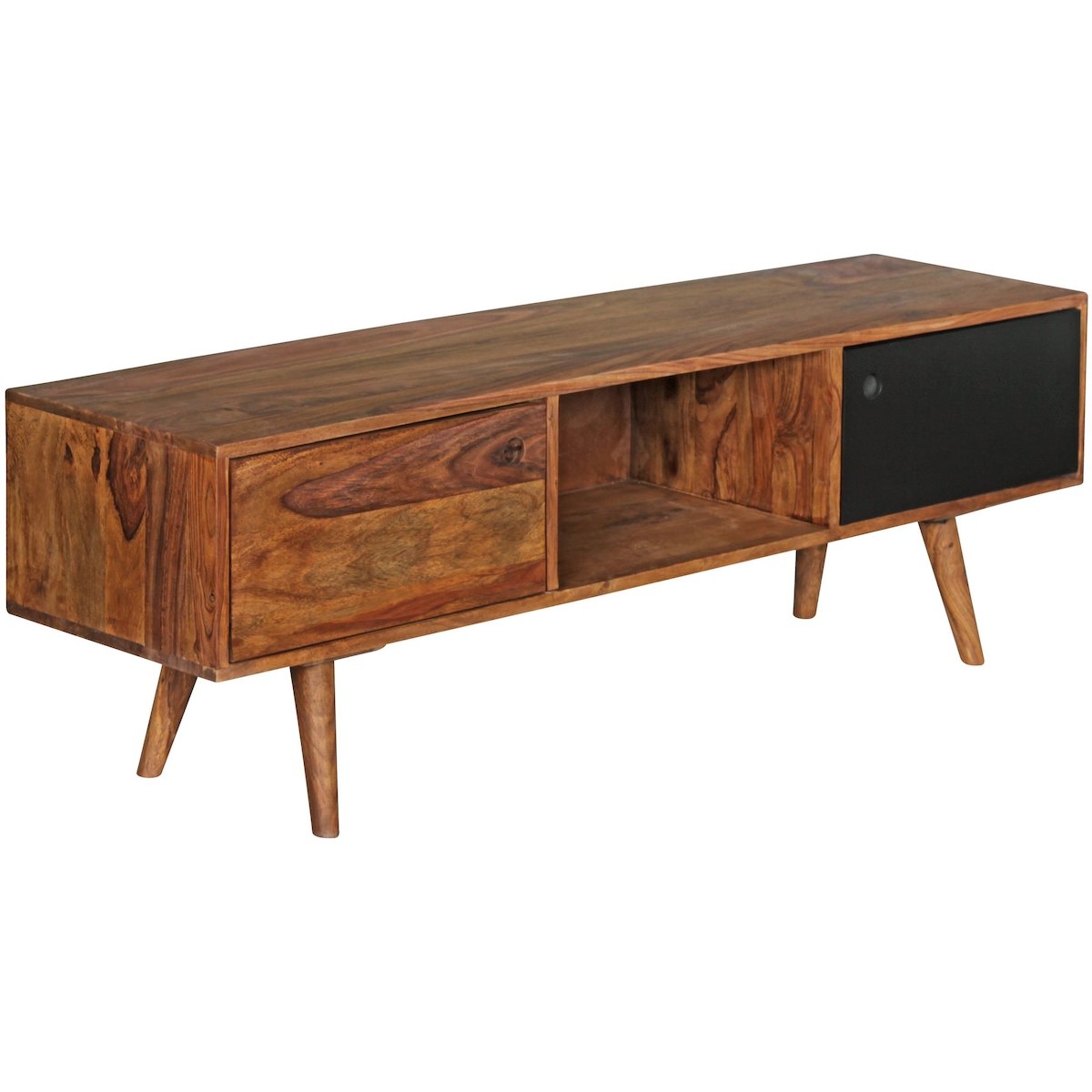 KADIMA DESIGN TV Lowboard REPA 140 cm Massiv-Holz Sheesham Landhaus 2 Türen & Fach, HiFi Regal braun / schwarz 4 Füße, Fernseher Kommode Image
