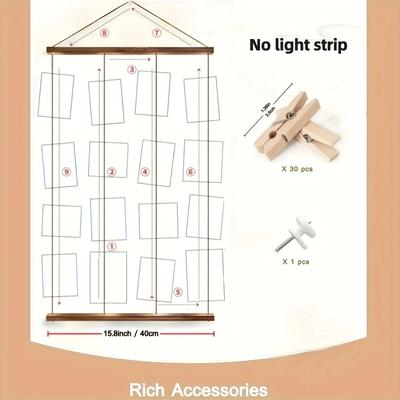 "TEMU Picture Frames Collage Wall Decor - Picture Board For Photos Display With 30 Clips And Strings, Artwork Hanging Multiple Pictures Hangers, 15.8"l X 27.6"w" Image