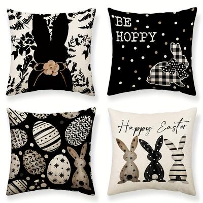 TEMU 4pcs Black And Gray Checkered Bunny , Soft And Skin-friendly Cushion Cover, 100% Polyester Material Suitable For Room Sofa Room Types, 18x18 Inches, Without Pillow