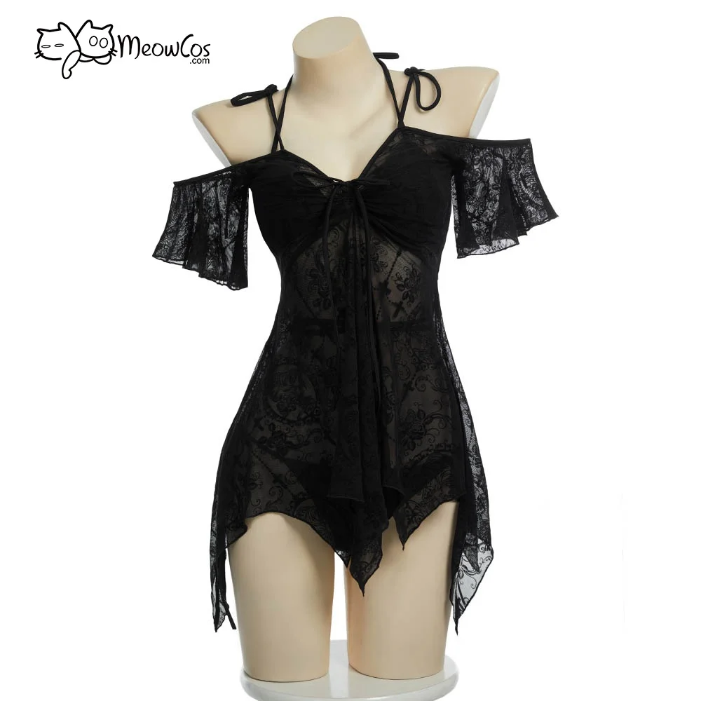 MEOWCOS Gothic-Bikini-Badeanzug mit Beflockungsdesign, dunkler Gothic-Badeanzug mit Überzug Image
