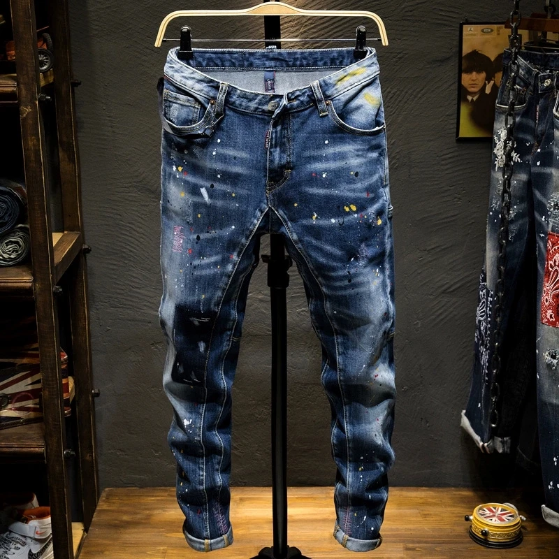 High Street Fashion Männer Jeans Retro Blau Stretch Slim Fit Gemalt Zerrissene Jeans Männer Gespleißt Designer Hip Hop Vintage Denim Hosen