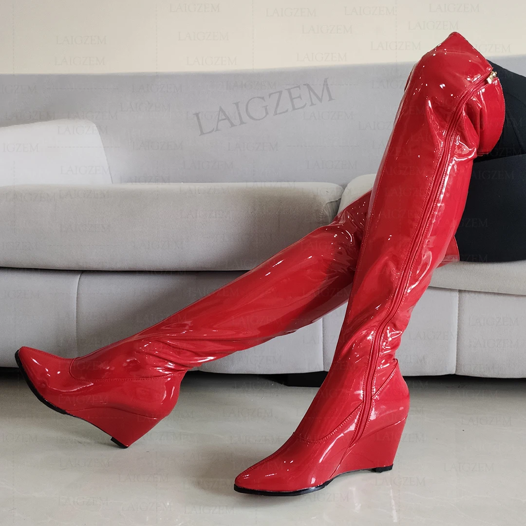 LAIGZEM Damen-Overknee-Stiefel, mittlere Keile, durchgehender Reißverschluss, spitze Zehen, hohe Stiefel, handgefertigte Damenschuhe, Damen, große Größe 33, 40, 43, 46