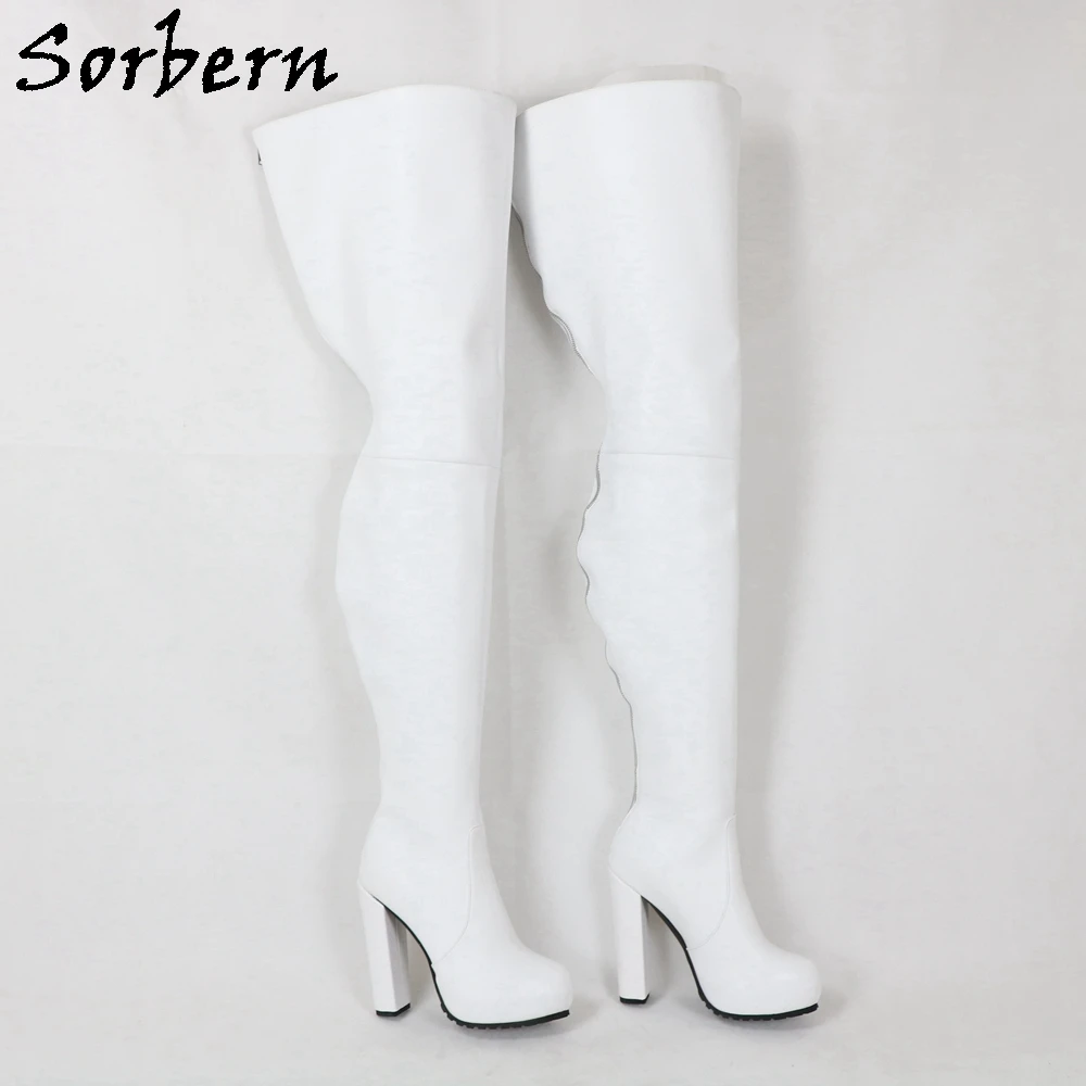 Sorbern Customized White Thigh White Boots Mid Thigh High Back Zipper Winter Style Long Boot Block High Heels Wide Fit Calf Boot