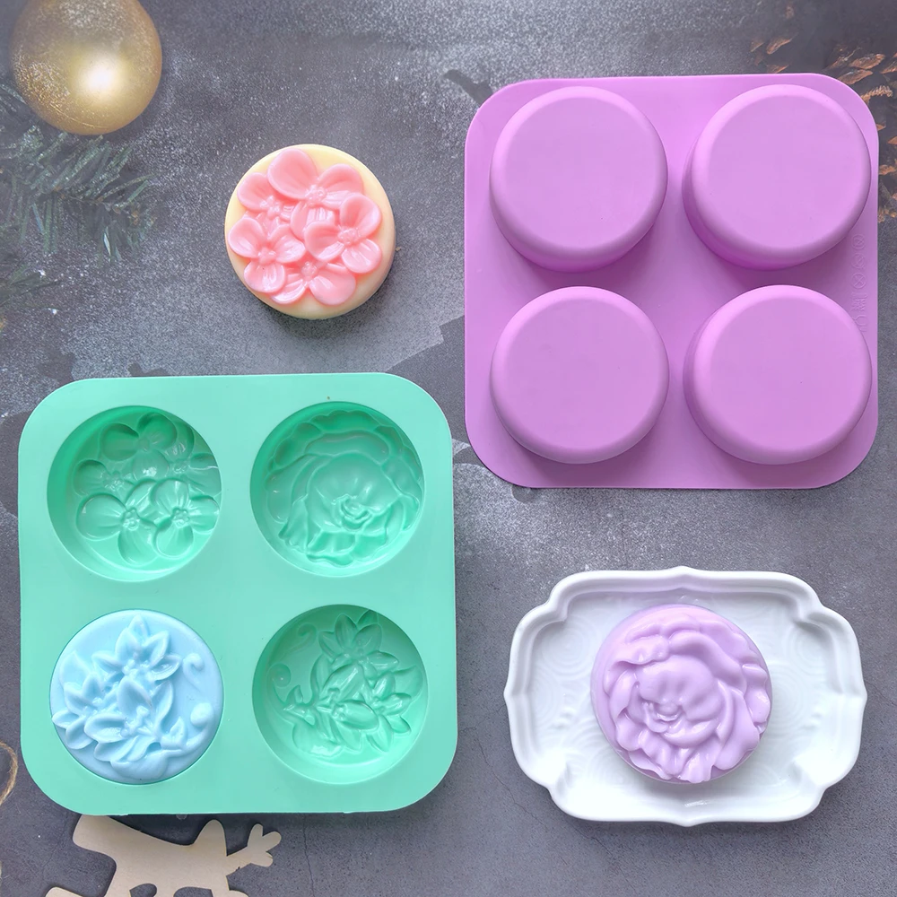 1 Stück Silikon-Seifenform mit 4 Hohlräumen und verschiedenen Blumenformen, geeignet für Kerzenherstellungsformen Image