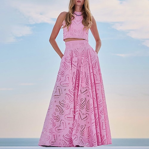 Damen Langes Kleid Maxikleid Zweiteiliges Kleid Elegant Mode Urlaub Date Ausgehen Normale Passform Einfach Ärmellos Rundhalsausschnitt Blau Schwarz Weiß Gelb Sommer Image