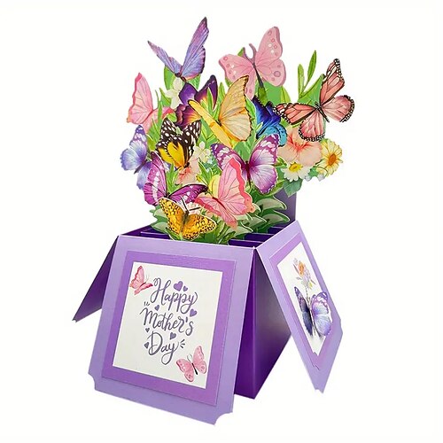 1 Stück Happy Birthday Pop-Up Karte mit Notizkarte und Umschlag Beste Mama aller Zeiten 3D Grußkarte Blumen Schmetterlinge Pop-Up Box Karte Bestes Geschenk Weihnachtsgeschenk Image