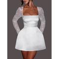 Verlobung Kleines Weißes Kleid Brautparty Kleider Hochzeitskleider A-Linie Quadratischer Hals Lange Ärmel Kurz Mini Satin Brautkleider Mit Perlenmuster