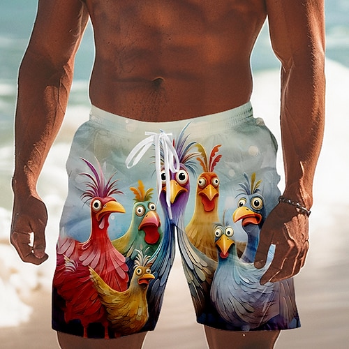 Herren Tiermotiv Küken Lustig Badehosen Badeshorts Boardshorts Mittlere Taille Streetwear Hawaiianisch Urlaub Kordelzug Netzfutter Elastischer Bund Designer Bekleidung Image