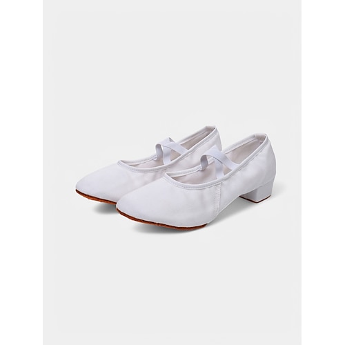 beigefarbene Canvas-Ballsaal-Tanzschuhe für Damen – Pumps mit niedrigem Absatz und elastischem Riemen für das professionelle Training Image
