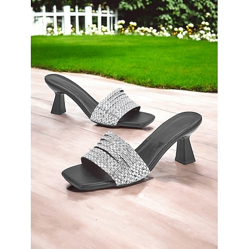 Damen-Sandalen mit Strasssteinen zum Hineinschlüpfen und Absatz – glitzernde Pantoletten mit quadratischer Spitze und Blockabsatz für Partys, Abendveranstaltungen und besondere Anlässe Image