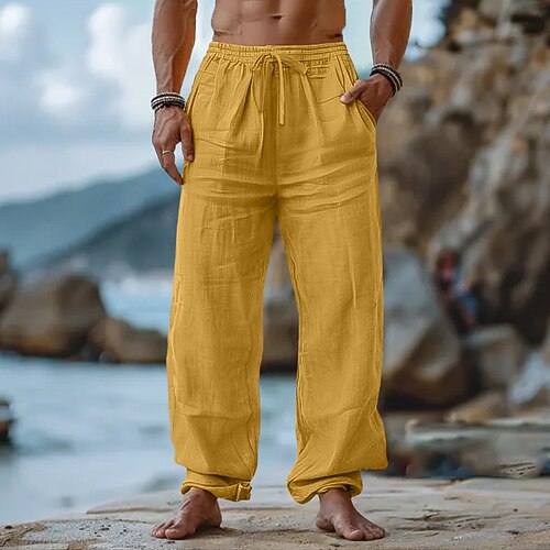 Herren Leinenhosen Hose Sommerhose Kordelzug Elastischer Bund Gerader Schnitt Einfach Komfort Atmungsaktiv Volle Länge Lässig Täglich Ferien Urlaub Mode Schwarz Weiß Image