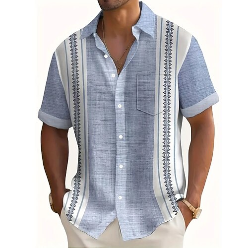 Herren Geometrisch Gestreift Hemd Freizeithemd Knopfhemd Kurzarm Modisch lässig Urlaub Ferien Streetwear Sommer Umlegekragen 3D-Druck Hemden mit Kragen Eine Tasche vorne Violett Grün Image