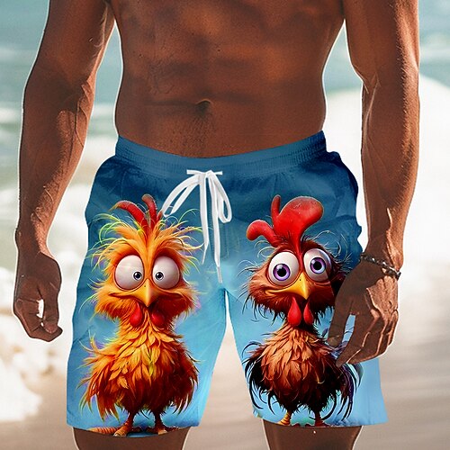 Herren Tiermotiv Küken Lustig Badeshorts Boardshorts Mittlere Taille Streetwear Hawaiianisch Urlaub Kordelzug Netzfutter Elastischer Bund Designer Bekleidung Image