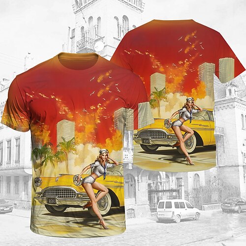 T-Shirt Retro Poster Retro-Mädchen 1950er Retro Vintage T-Shirt Ärmel Grafik für Herren Erwachsene 3D-Druck für Maskerade Täglich Urlaub Party Image