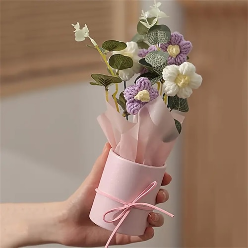 Handgefertigter geflochtener Garn Kunstblumenstrauß - 1 Set mit Stoffgewebten Blumen Plastik-Eimer Geschenkpapier 5 Garn-Häkelblumen - Geeignet für Geschenke Wohnungsdekoration Weihnachtsgeschenk Image