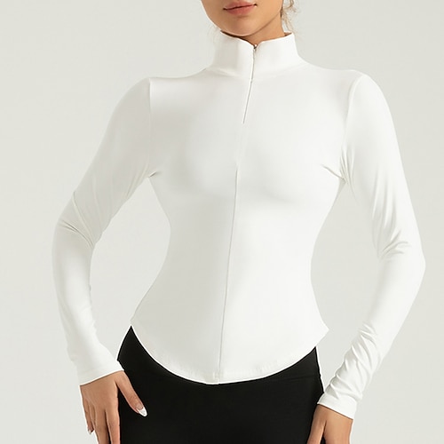 Damen Lauf-T-Shirt Halber Reißverschluss Langarm T-Shirt Lässig Athleisure Sommer Einfarbig Schnelltrocknend Atmungsaktiv Fitnesstraining Gehen Joggen Sportbekleidung Sportkleidung Dunkelgrau Wei Image