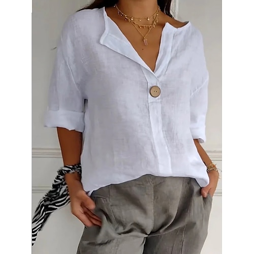 Damen Baumwolle Leinen Mini Kleid Hemd Kleid Basic Lässig Urlaub Täglich Reguläre Passform Einfarbig 3/4 Länge Ärmeln V-Ausschnitt Schwarz Weiß Rot Grün Sommer Image