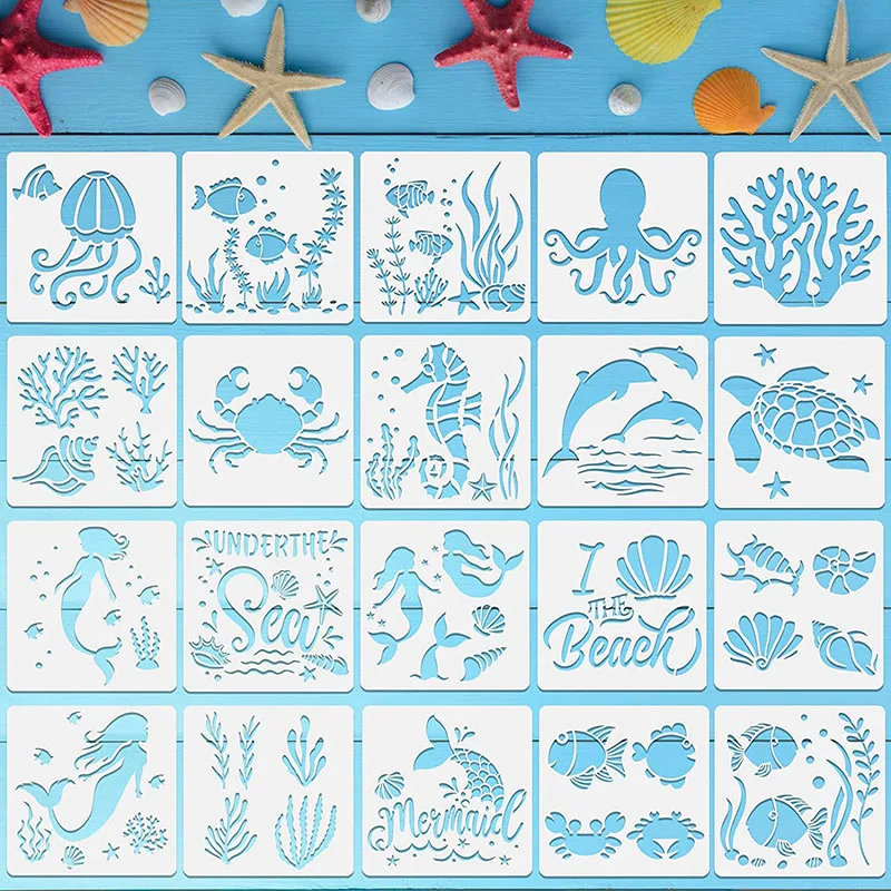 Pochoirs de peinture réutilisables pour enfants, planches à dessin, dessin animé, sirène, tortue, bricolage, ensemble de modèles de peinture, outils d'apprentissage