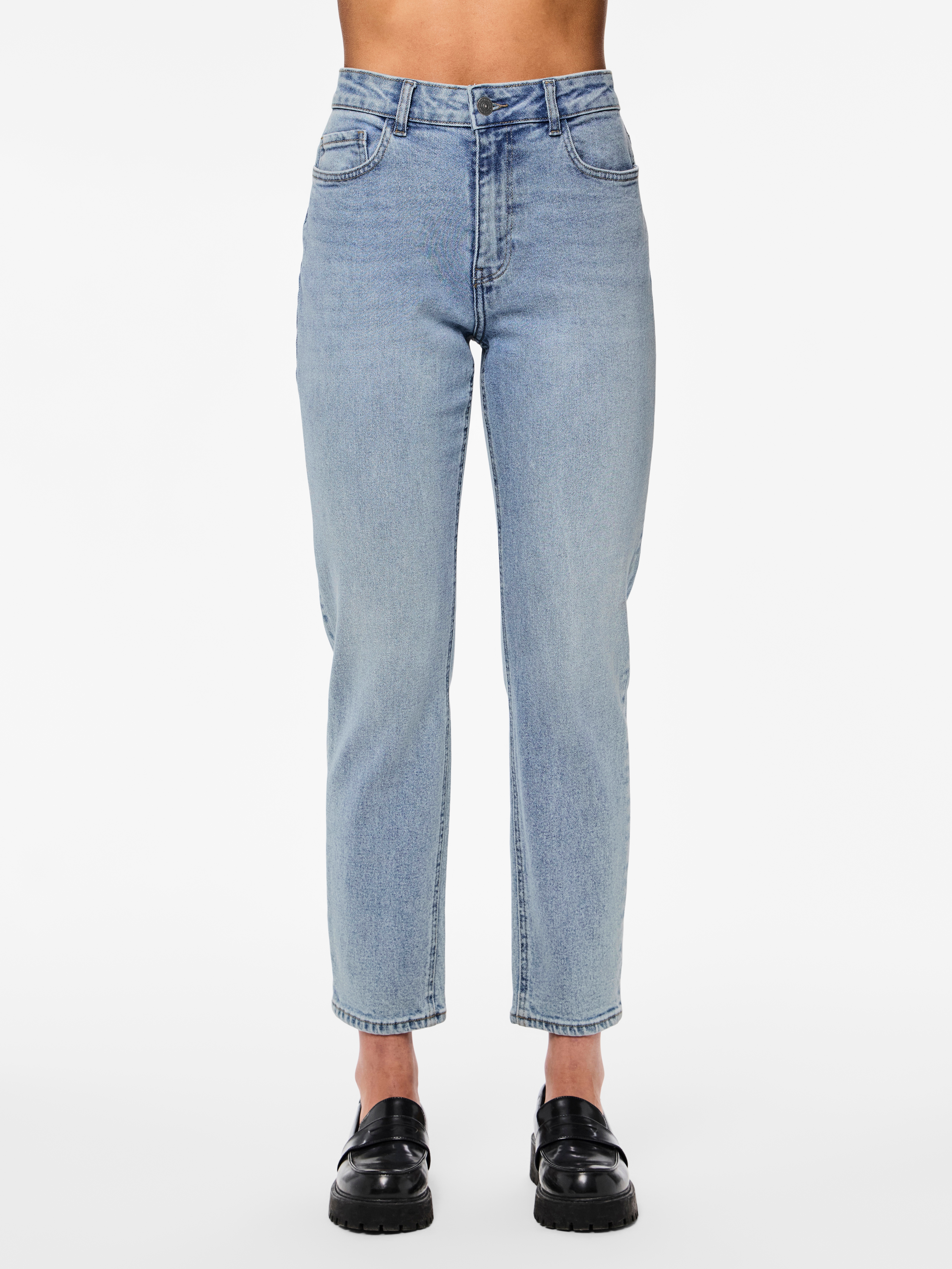 High-waist-Jeans PIECES "PCBELLA HW TAP ANK JEANS LB302 NOOS", Damen, Gr. 33, Länge 30, blau (light blau denim), Denim/Jeans, Obermaterial: 99% Baumwolle, 1% Elasthan, unifarben, knöchelfrei, Jeans High-Waist-Jeans