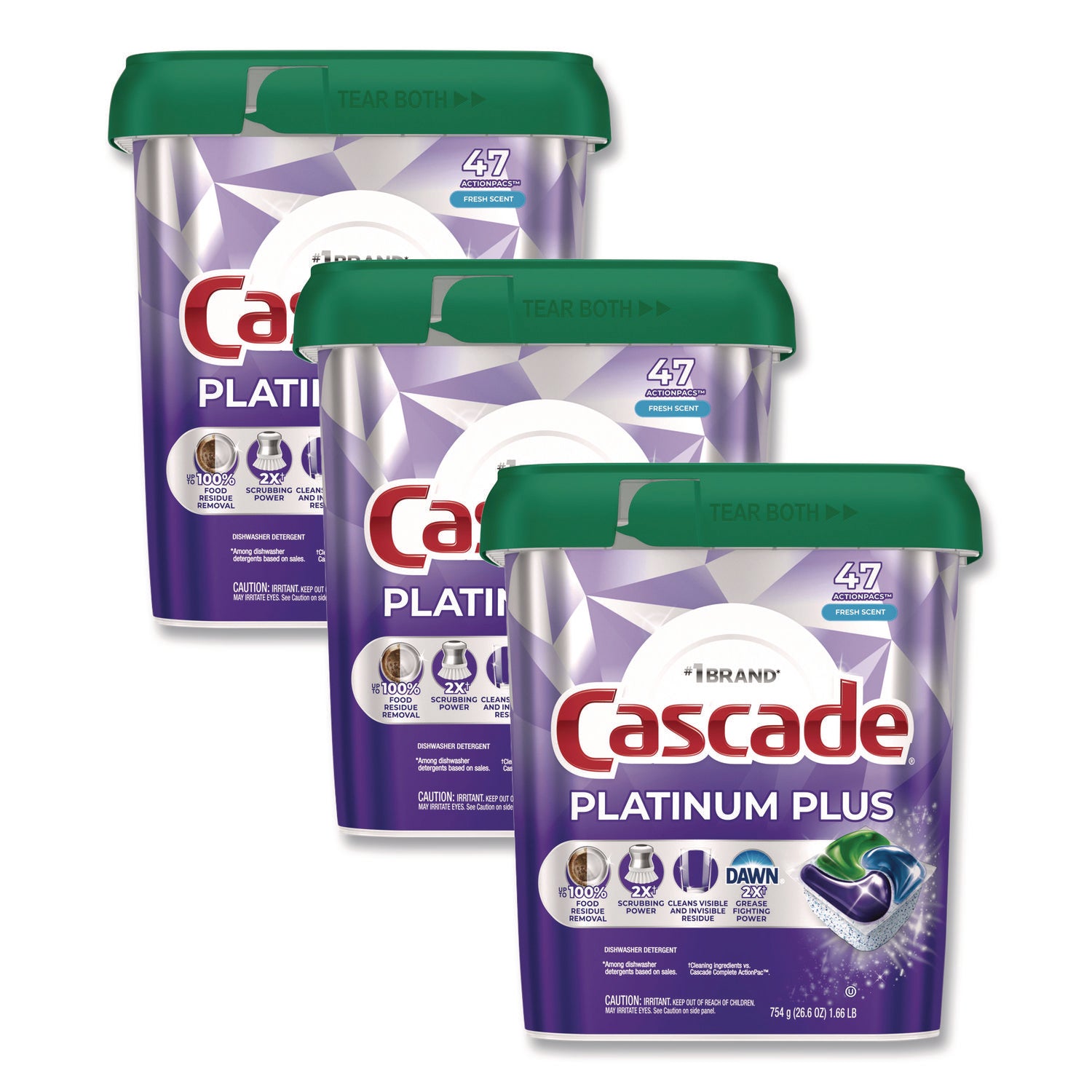 Cascade Platinum Plus ActionPacs Dishwasher Detergent Pods, Fresh Scent, 26.6 oz Tub, 47/Tub, 3 Tubs/Carton (PGC15789CT)
