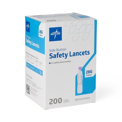 Medline Sterile Safety Lancet with Side-Button Activation, 28G x 1.8 mm, 200/BX (MPHSTSIDE28Z)