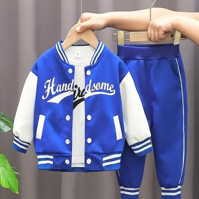 TEMU Spring And Autumn Boys' New Baseball Neck Letter Printing Casual Fashion Long Sleeve 3 Piece Set