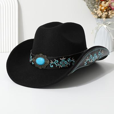 TEMU Lady's Elegant Felt Cowboy Hat With Turquoise Stone And Embroidered Belt - Dance Parties, Graduations, And Festive Occasions