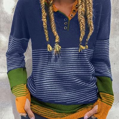 TEMU Fashionable Striped Color- Knitted Pullover Top With A Single Row Of Buttons, A And Casual Sweater.