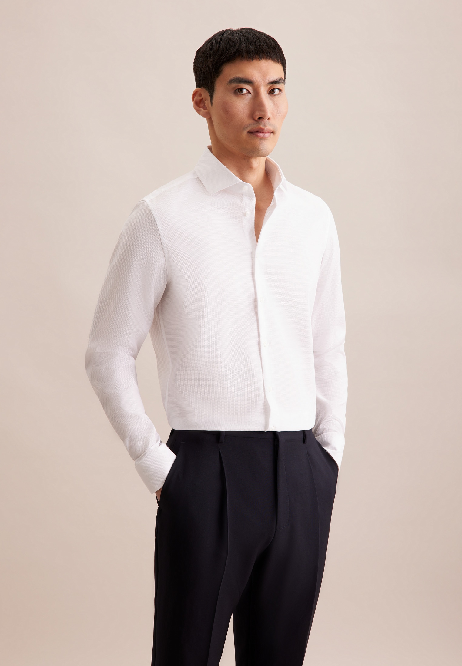 Businesshemd SEIDENSTICKER "Schwarze Rose", Herren, Gr. M (39), verlängerte Ärmellängen, weiß, 100% Baumwolle, Strukturmuster, gemustert, slim fit, 2-Knopf-Manschette, Hemden, Slim 1/1 Extra lang Kentkragen Struktur Image