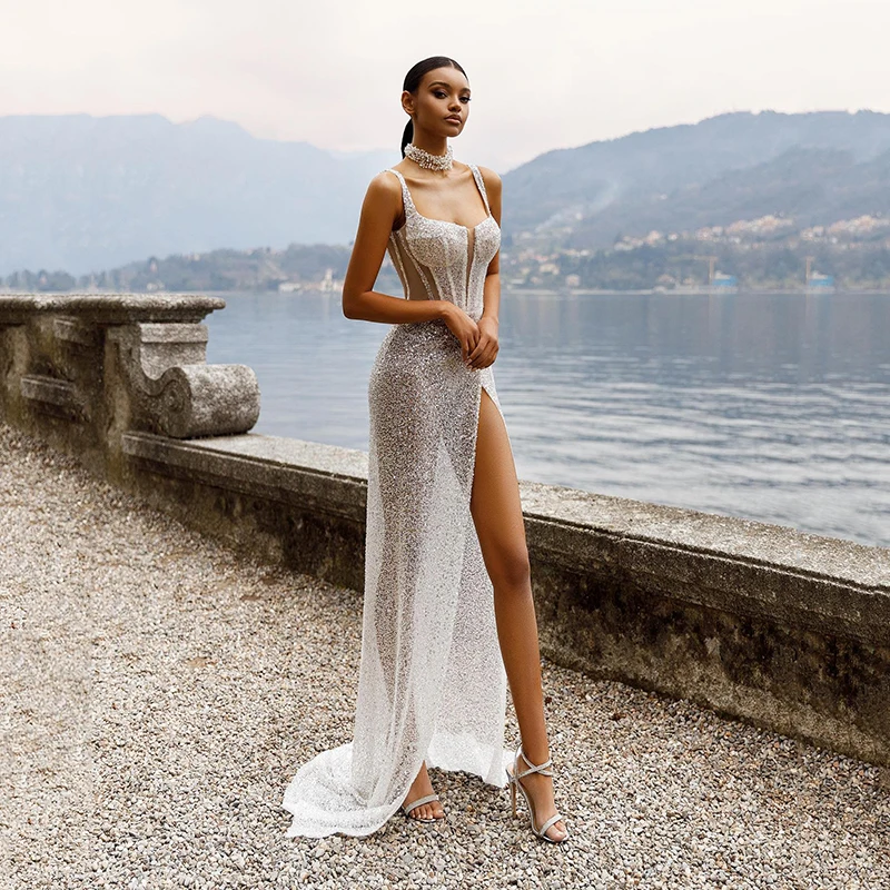 Achitree elegante Meerjungfrau Brautkleider sexy Schatz Glitter High Split Brautkleid weiß Abend Brautkleider benutzer definierte Größe