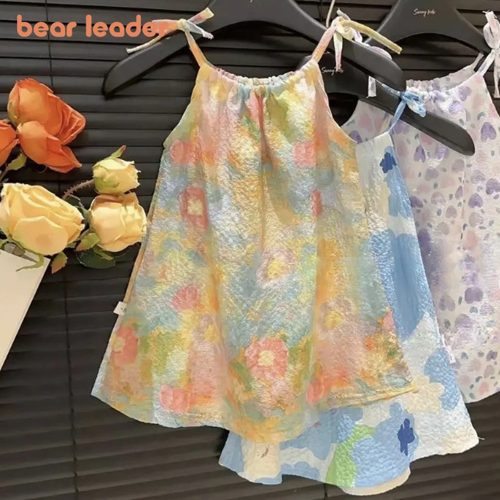 Bär Führer Sommer Am Meer Urlaub Casual Kinder Kleidung Blume Gedruckt Mädchen Kleider Ölgemälde Farbe Blockiert Prinzessin Kleid